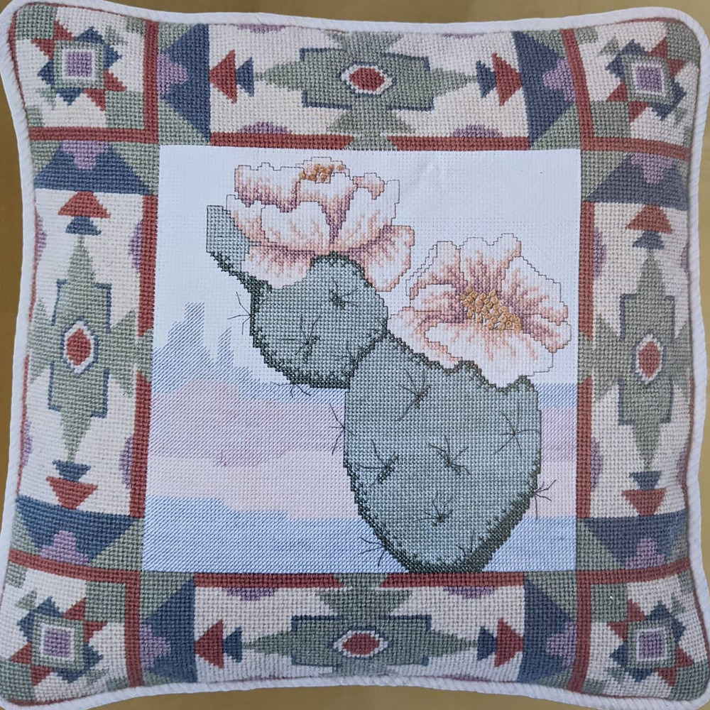 Vintage Needlepoint Southwest Cactus Pillow PARTIALLY COMPLETED Candamar Designs